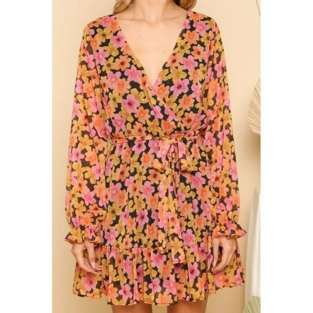 SALE! Peach Love Women Floral Fall Dress Babydoll Pink Orange Flowers D85620-01
